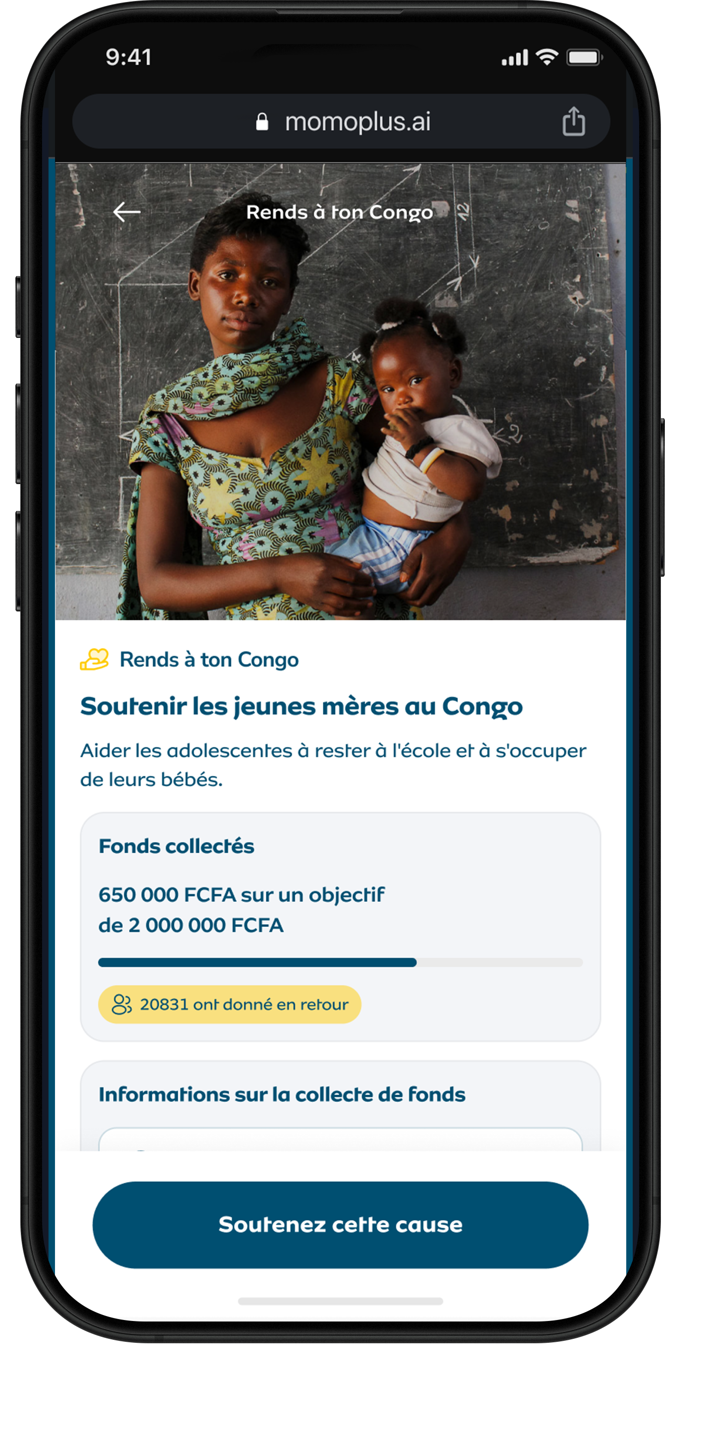 MoMo+ Give Back screen showing Soutenir les jeunes mères