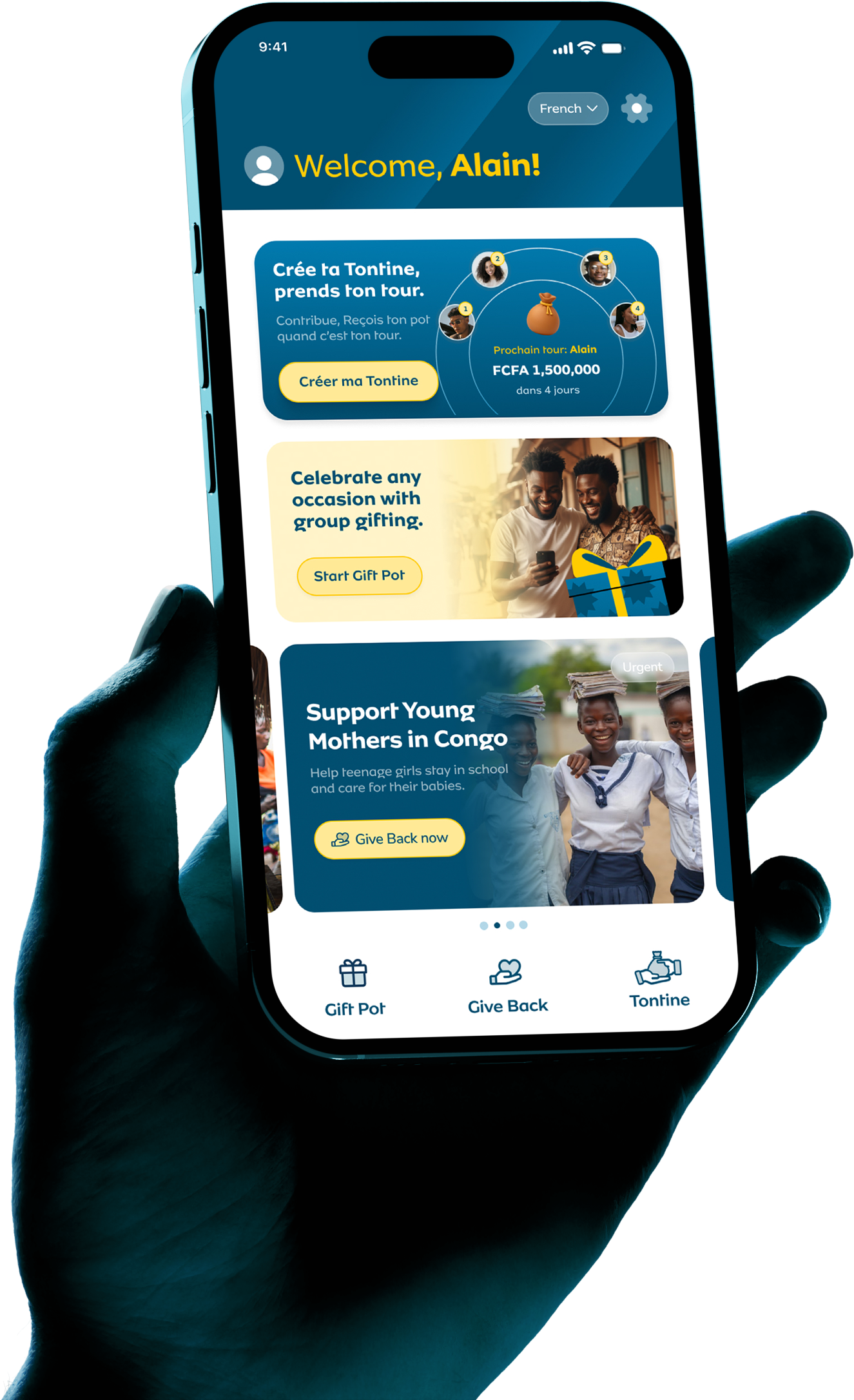 MoMo+ app home screen showing Tontine, Gift Pot and Give Back services